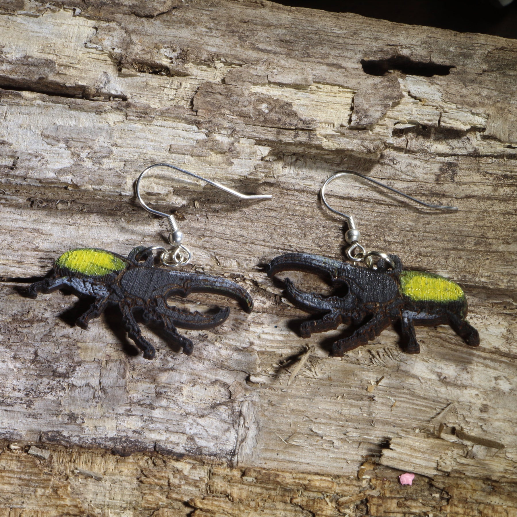 Hercules Beetle Wooden Dangle Earrings | Realistic Insect Jewelry