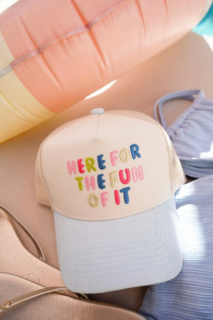 Here for the Fun of it - Baby Blue Corduroy Trucker Hat - PREORDER KenzKustomz