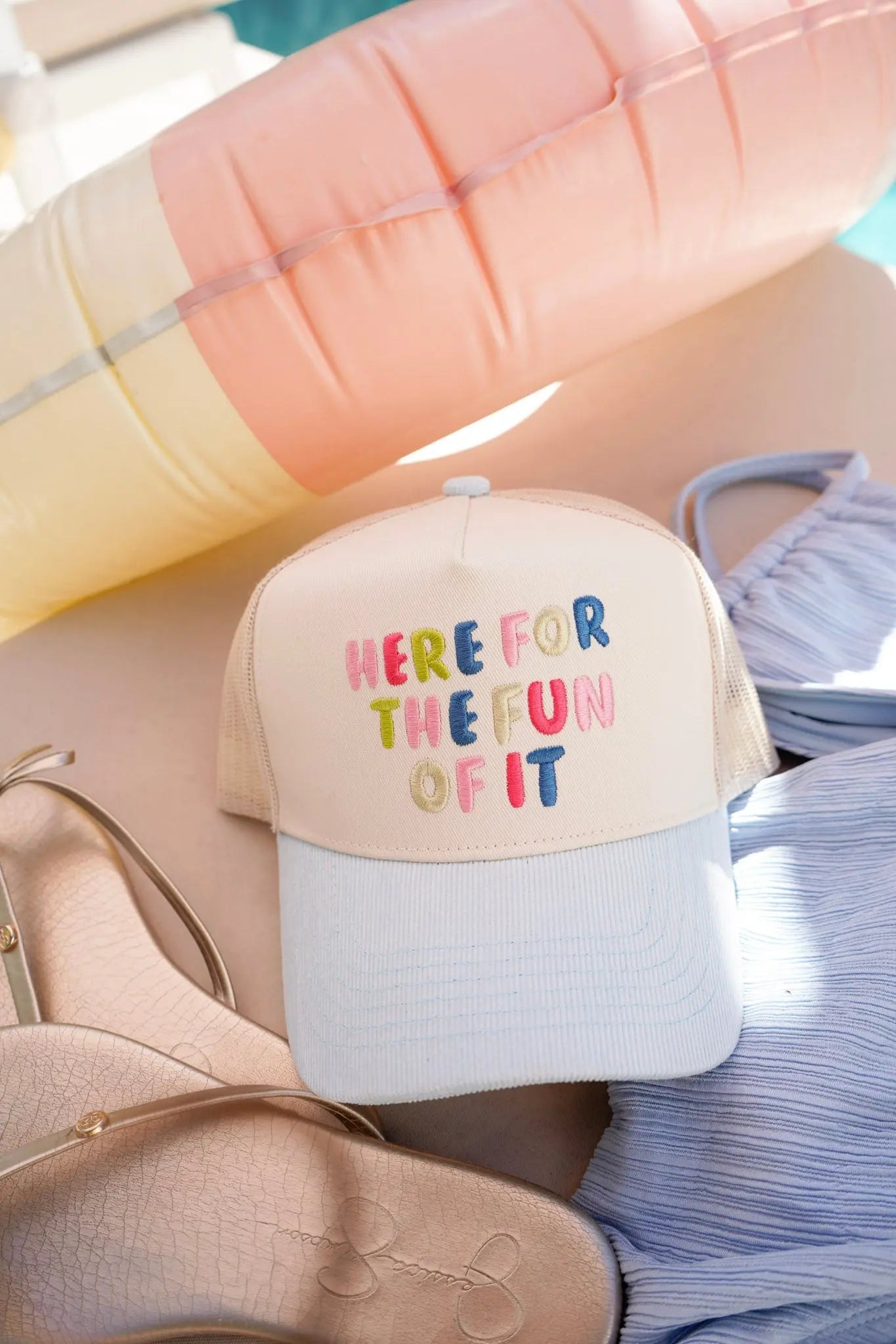 Here for the Fun of it - Baby Blue Corduroy Trucker Hat - PREORDER KenzKustomz