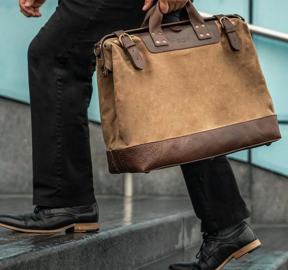 Heritage Waxed Canvas Lineman Duffle Bag by Mission Mercantile Leather Goods, handmade leather goods main product photo