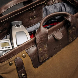 Heritage Waxed Canvas Lineman Duffle Bag by Mission Mercantile Leather Goods, handmade leather goods detail photo 2