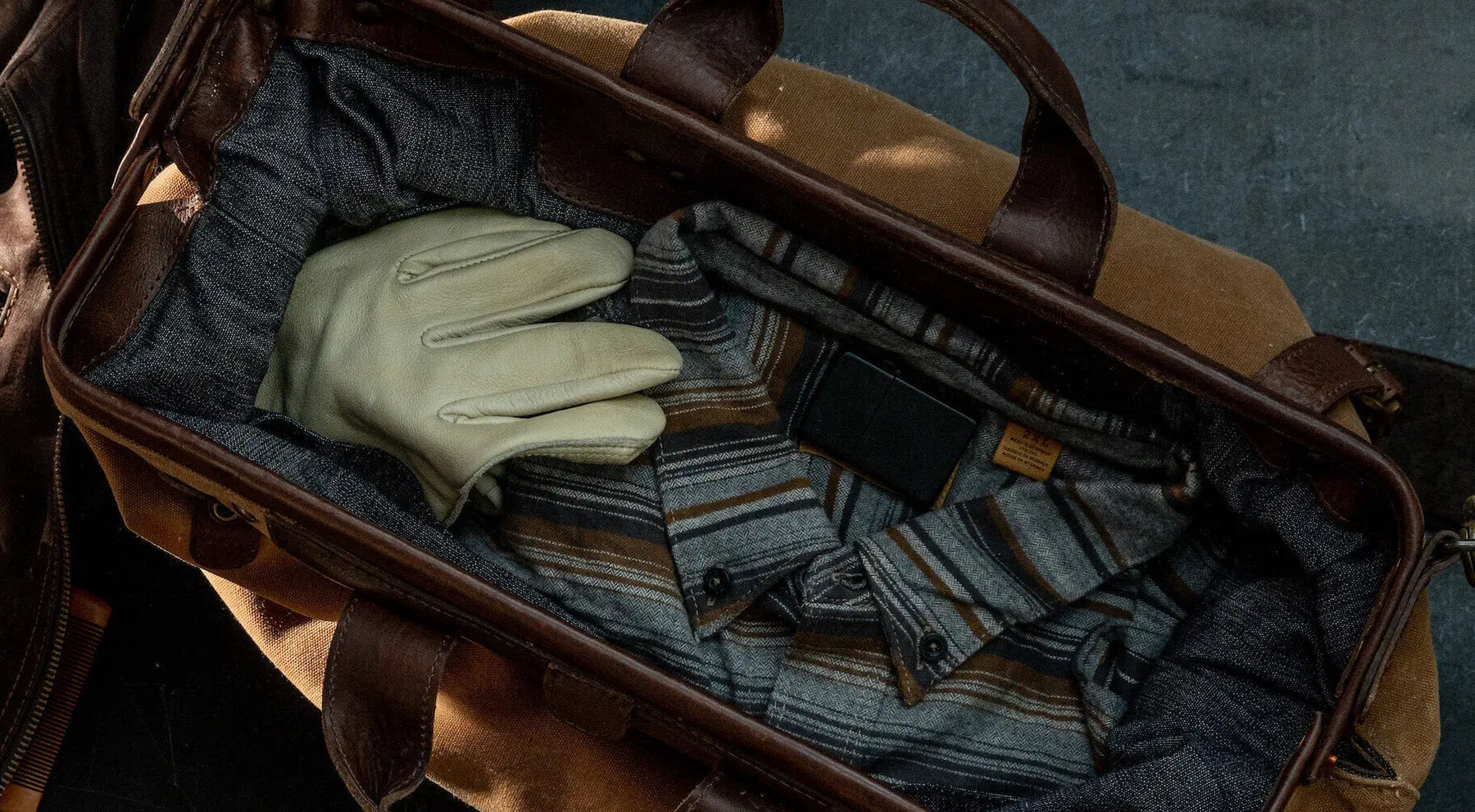 Heritage Waxed Canvas Lineman Duffle Bag by Mission Mercantile Leather Goods, handmade leather goods detail photo 3