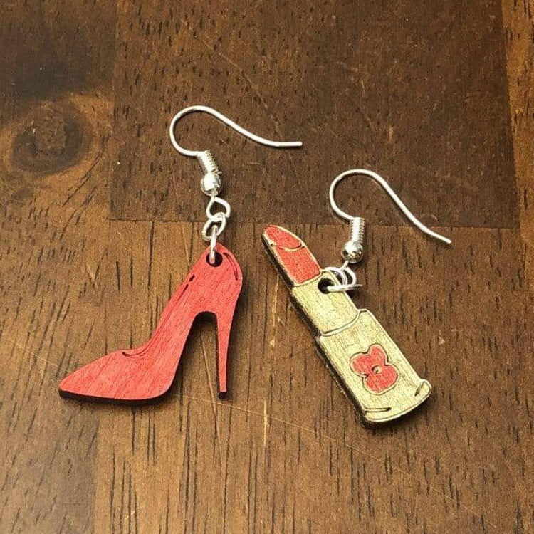 High Heel and Lipstick Wooden Dangle Earrings | Glam Beauty Jewelry