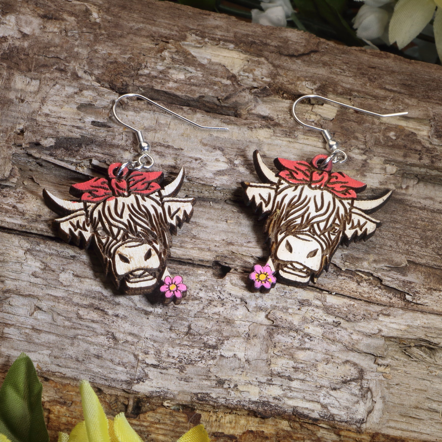 Highland Cow with Flower Wooden Dangle Earrings | Farm Animal Jewelry