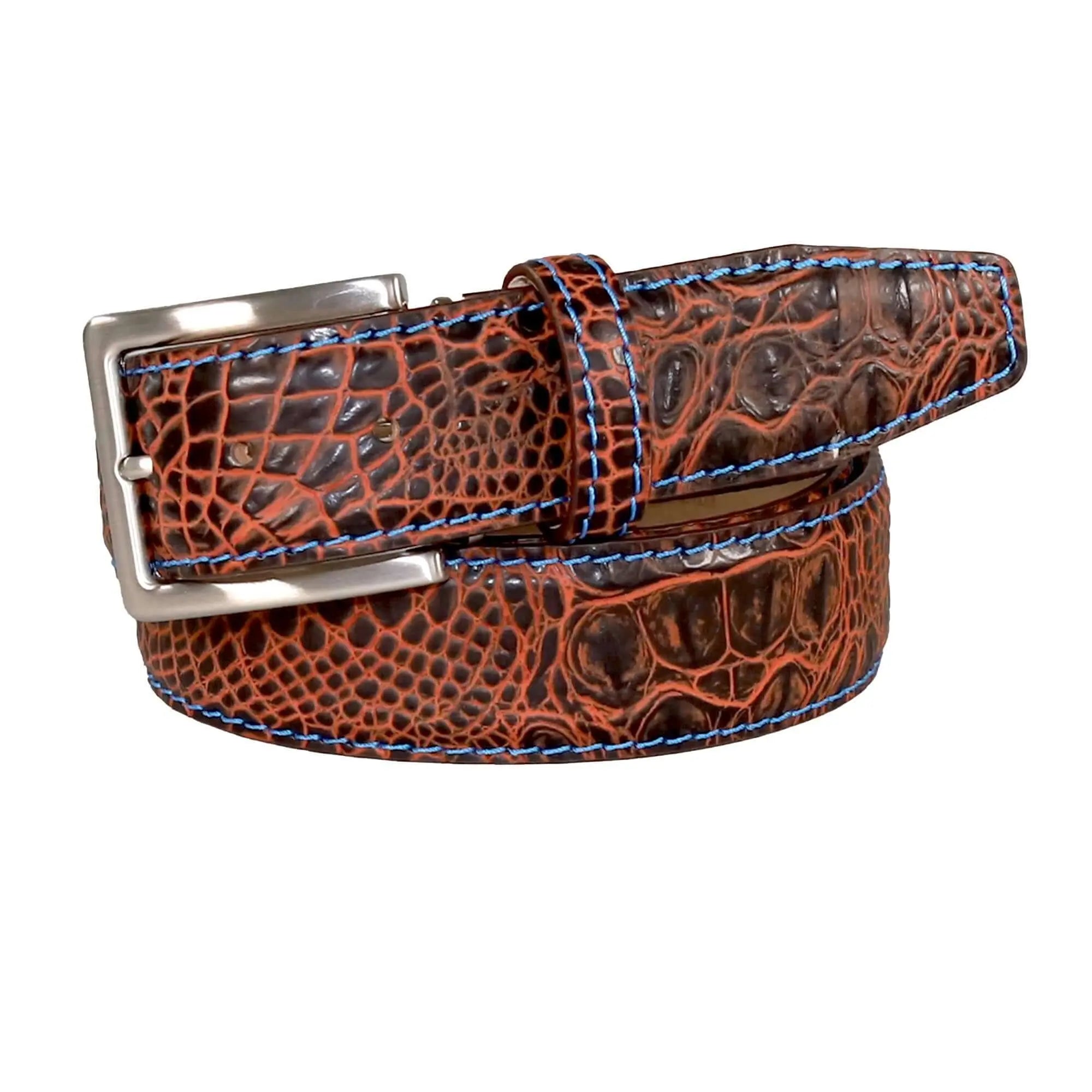 Close up of honey oak mock croc leather belt texture and finish