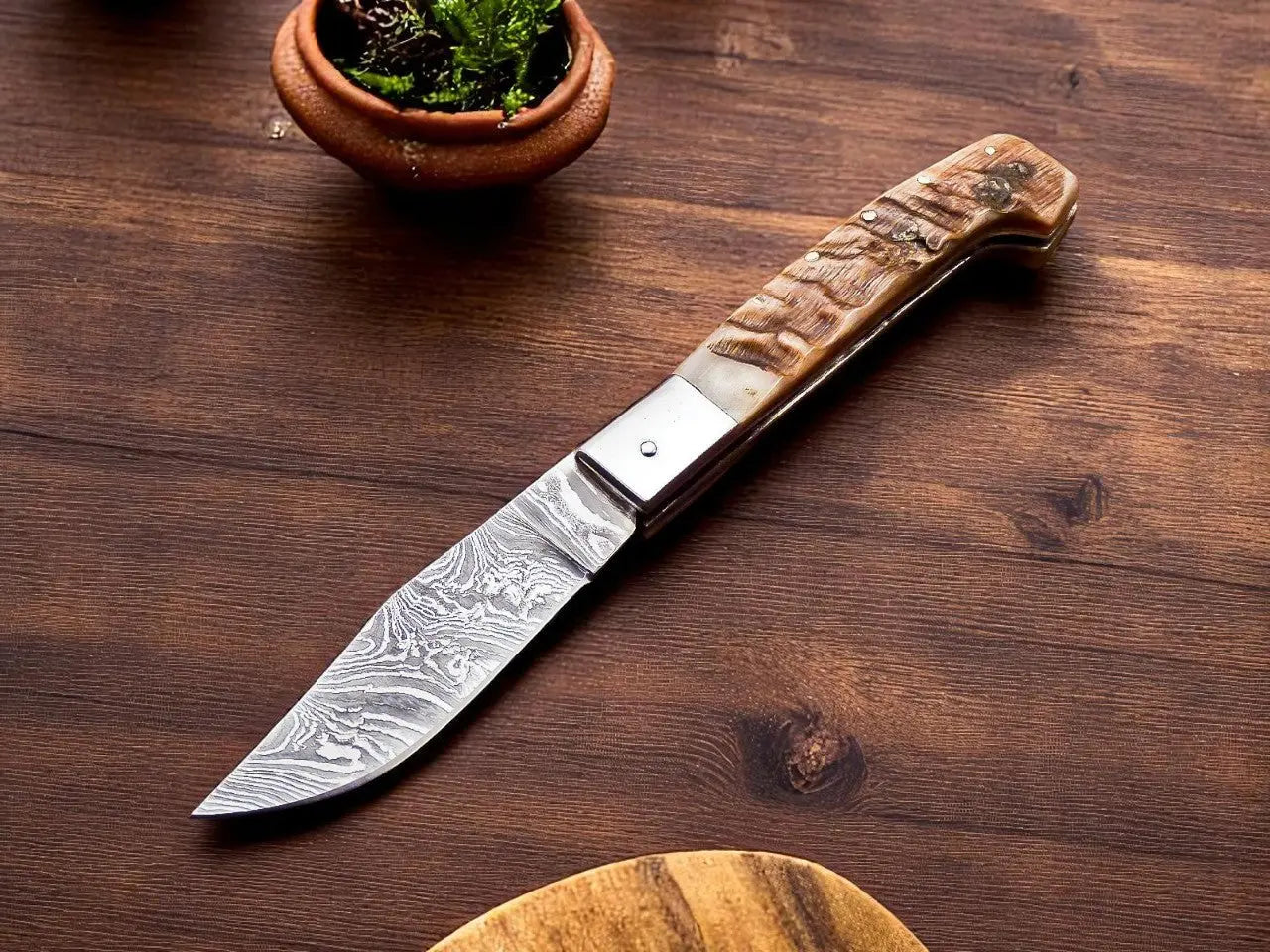Horn Handle Damascus Folding Knife with Leather Case Damascus Knife Store