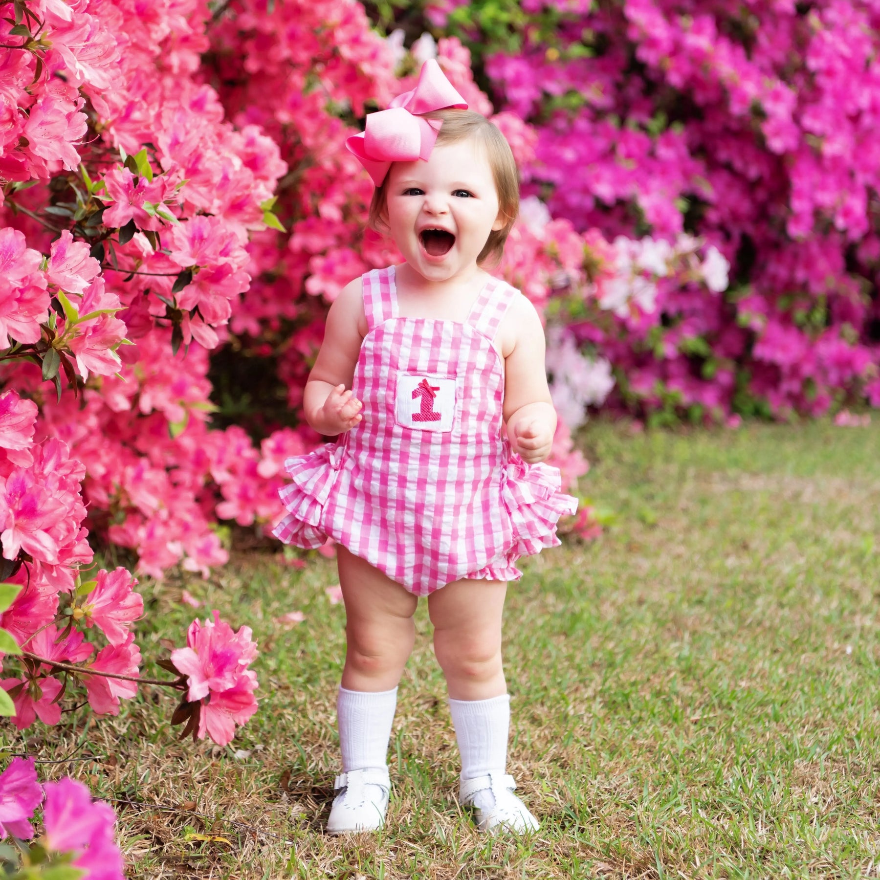 Hot Pink First Birthday Bubble by Seven Lantern Lane, children's boutique clothing detail photo 6