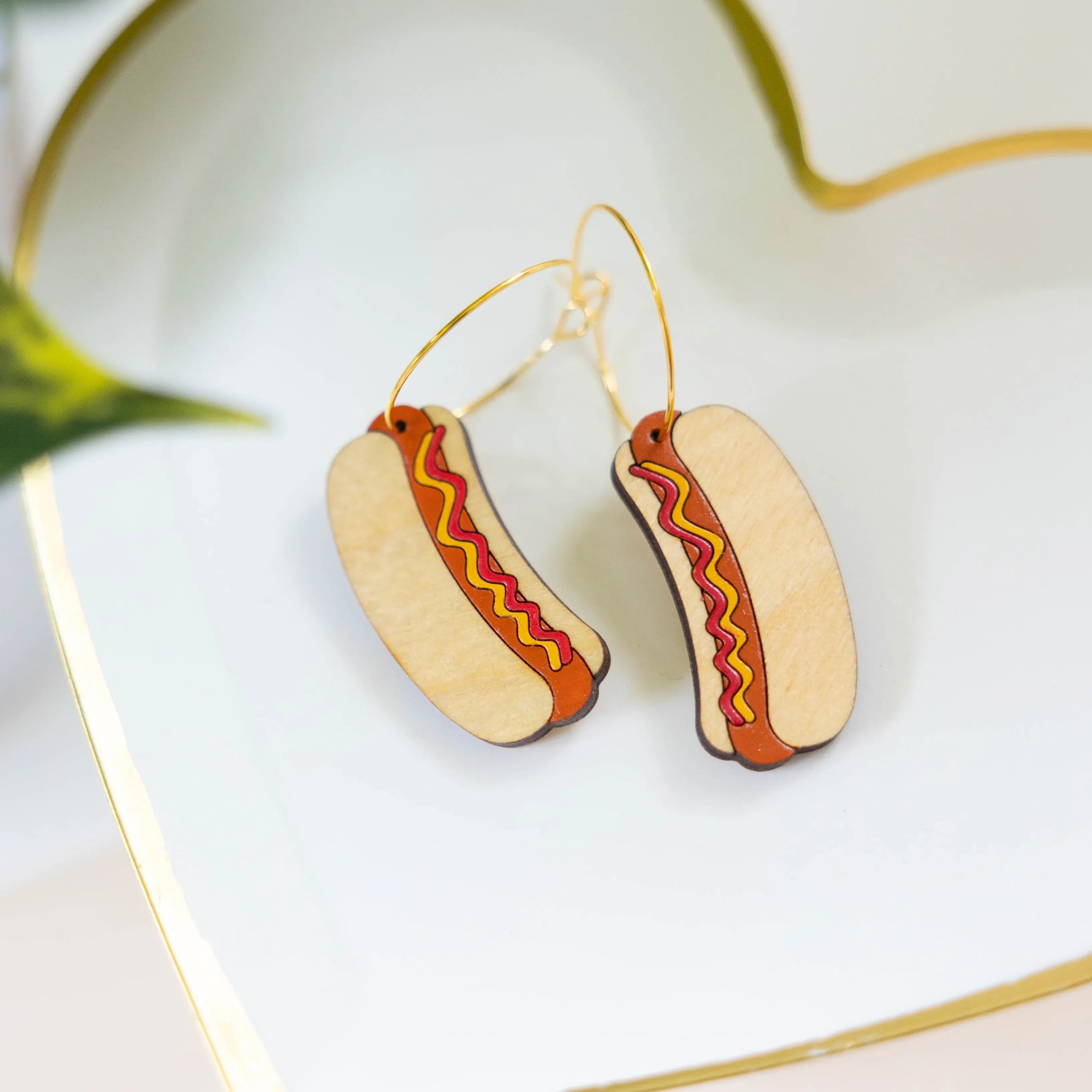 Hot Dog Hoop Earrings hand painted on lightweight wood by LE CHIC MIAMI