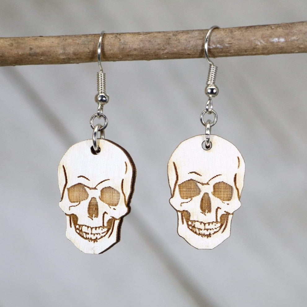 Human Skull Wooden Dangle Earrings | Gothic Halloween Jewelry by Cate's Concepts, LLC, handmade jewelry main product photo