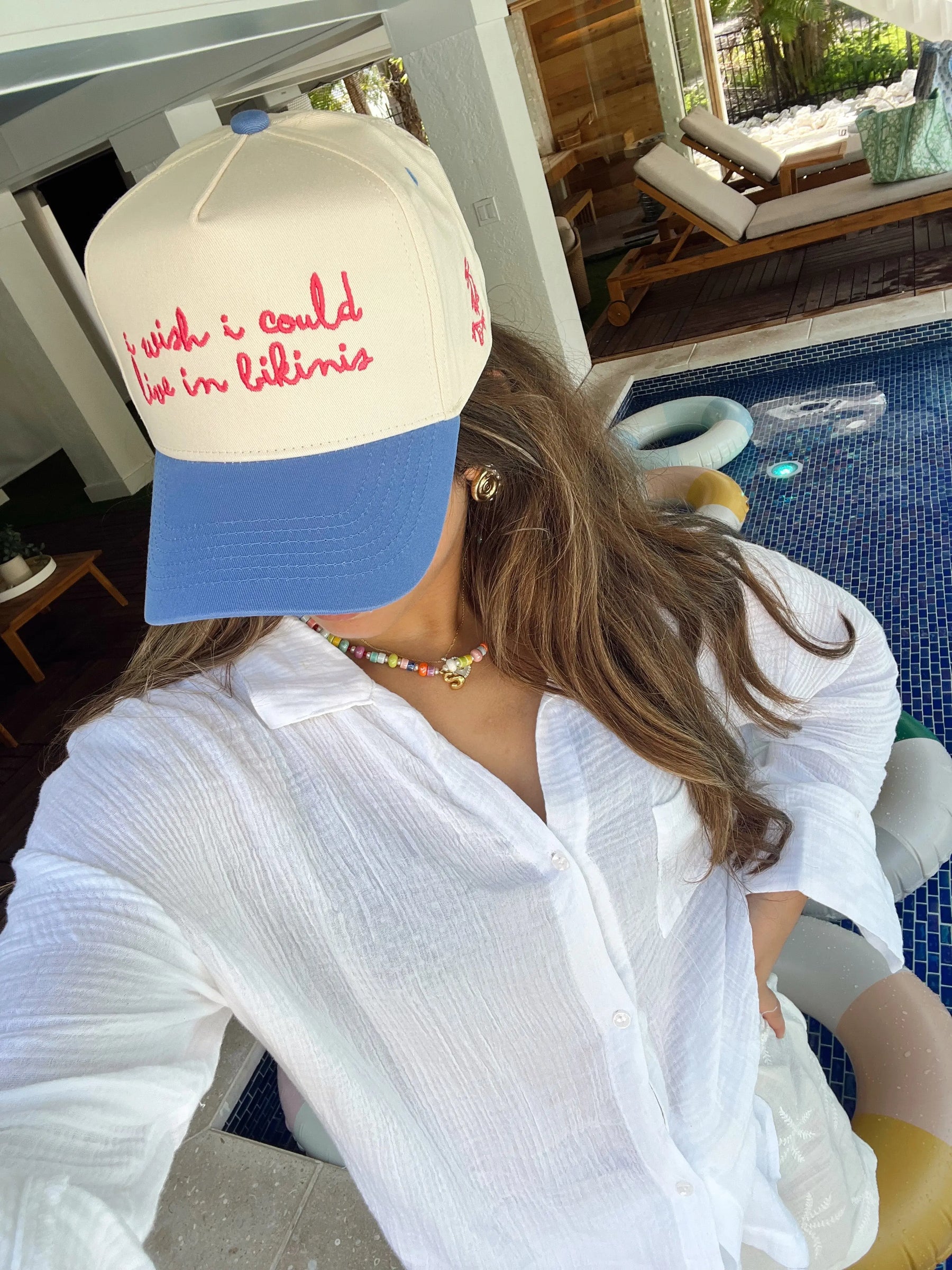 I Wish I Could Live in Bikinis - Periwinkle Vintage Trucker Hat by KenzKustomz, Southern lifestyle apparel detail photo 4