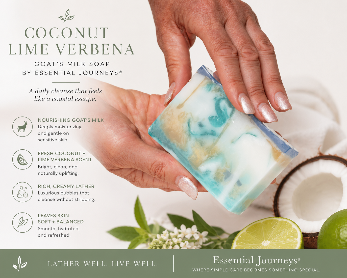 Coconut Lime Verbena Goats Milk Soap Slice 5 Oz. by Essential Journeys, natural skincare detail photo 7