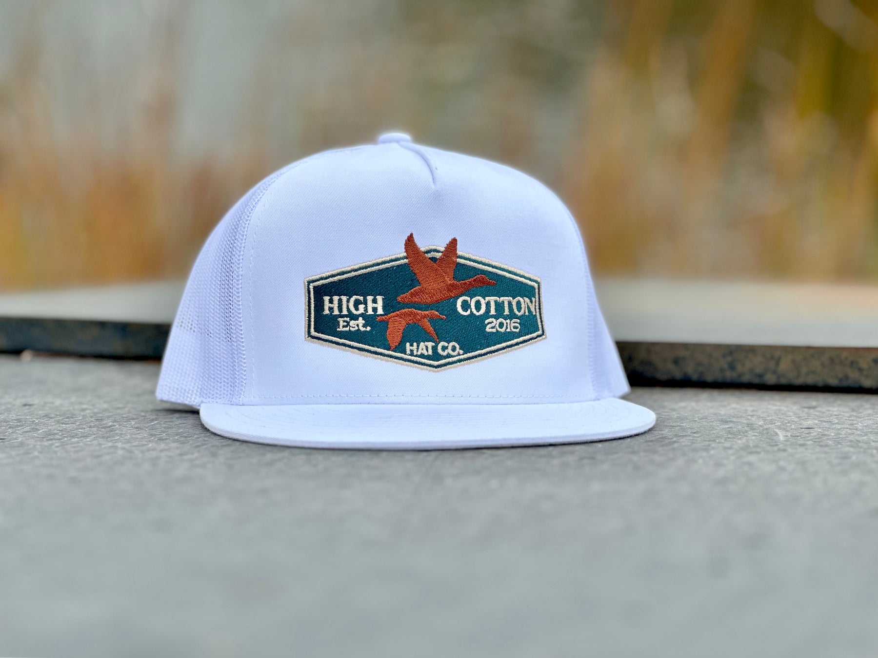 Duck Patch White Flat Bill Hat by High Cotton Hat Co in Texas