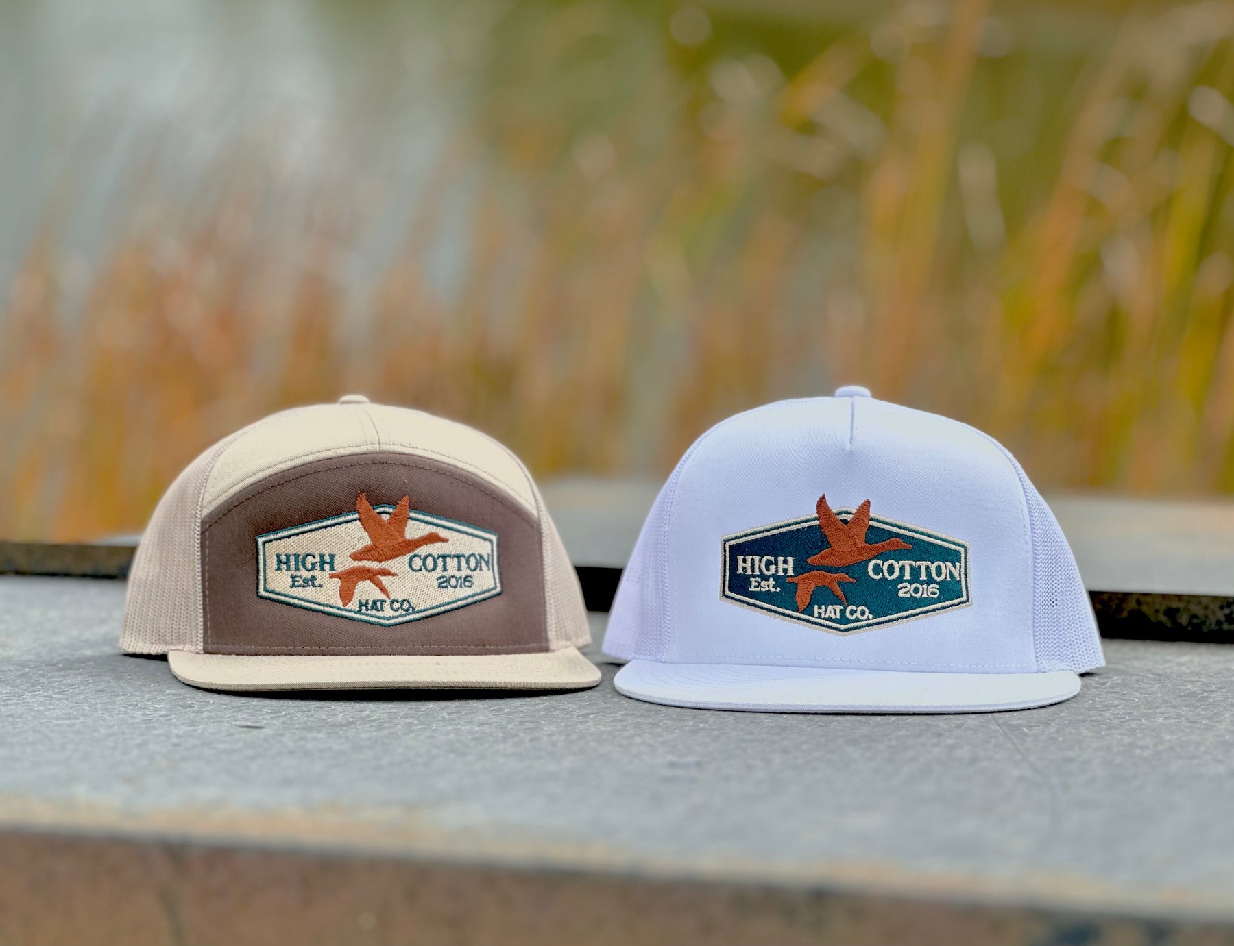 Detail view of Duck Patch Brown/Khaki 7-Panel Hat by High Cotton Hat Co