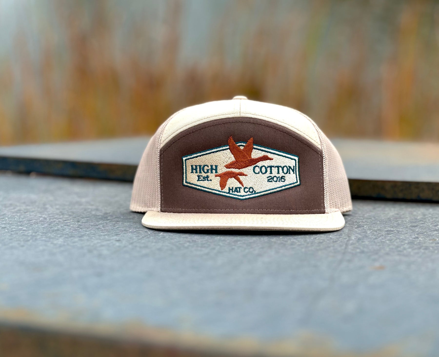 Detail view of Duck Patch Brown/Khaki 7-Panel Hat by High Cotton Hat Co