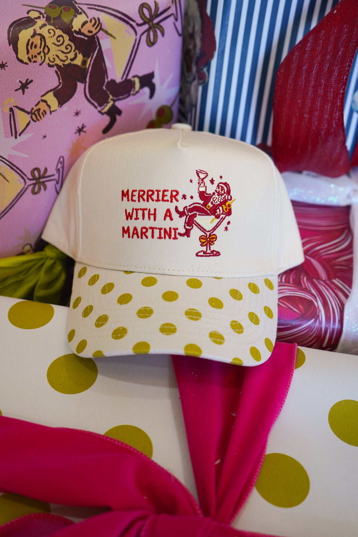 Merrier with Martini - Chartreuse Polka Dot Trucker Hat by KenzKustomz, view 3