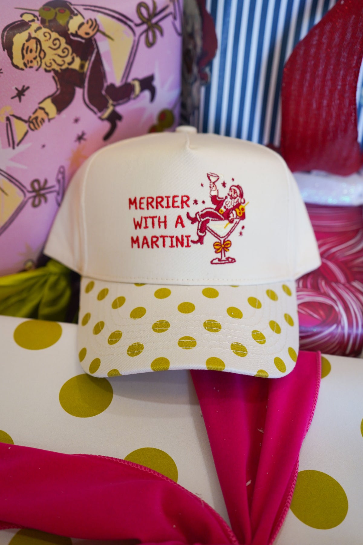 Merrier with Martini - Chartreuse Polka Dot Trucker Hat by KenzKustomz, view 1