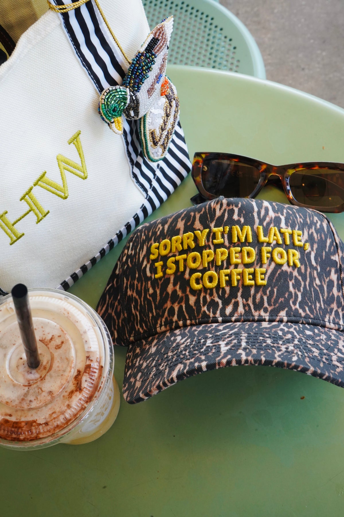 Sorry I'm Late, I Stopped for Coffee - Luxe Leopard Trucker Hat by KenzKustomz, view 35