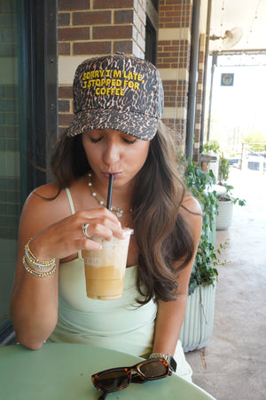 Sorry I'm Late, I Stopped for Coffee - Luxe Leopard Trucker Hat by KenzKustomz, view 6
