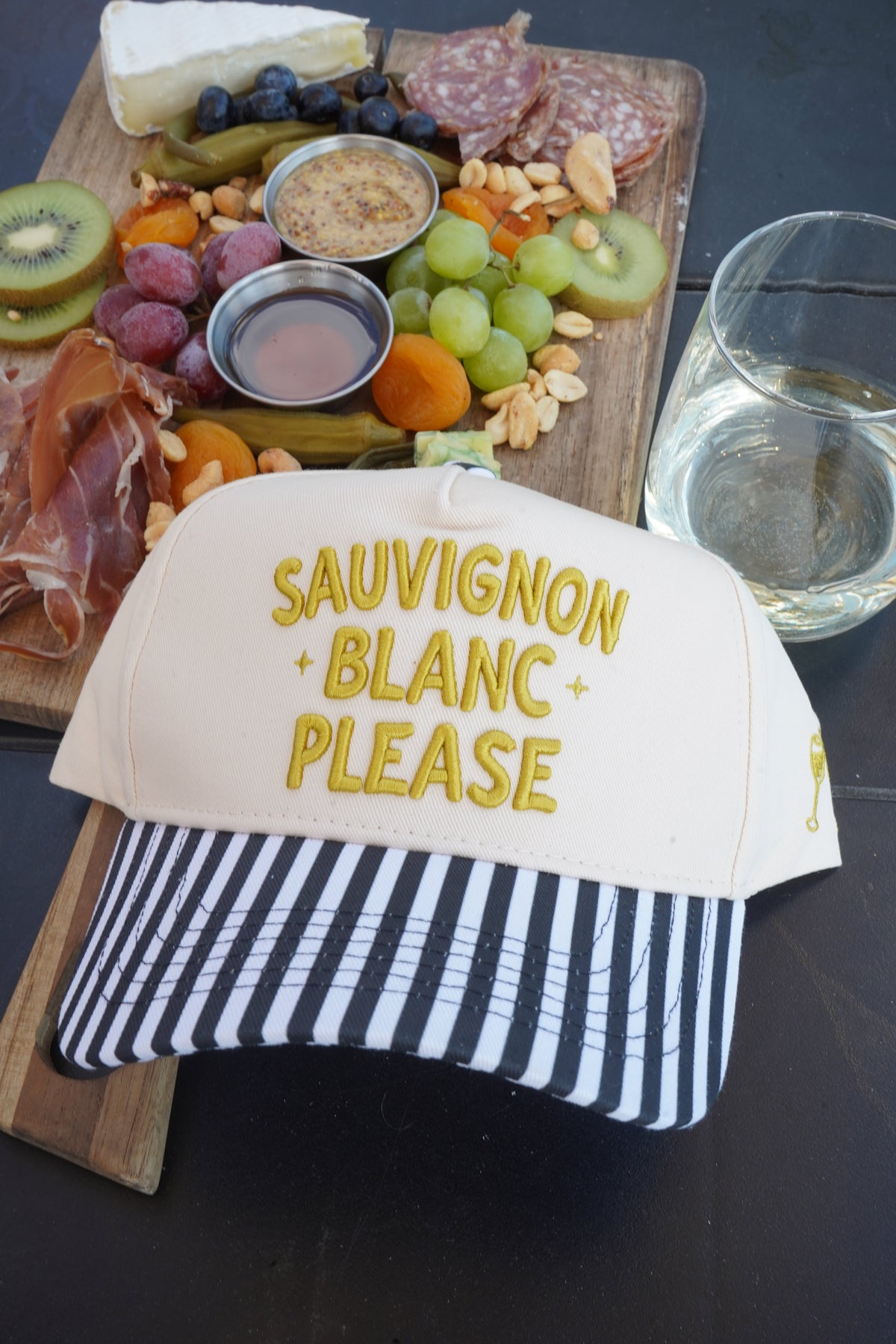 Sauvignon Blanc Please - Black & White Stripe Trucker Hat by KenzKustomz, view 1