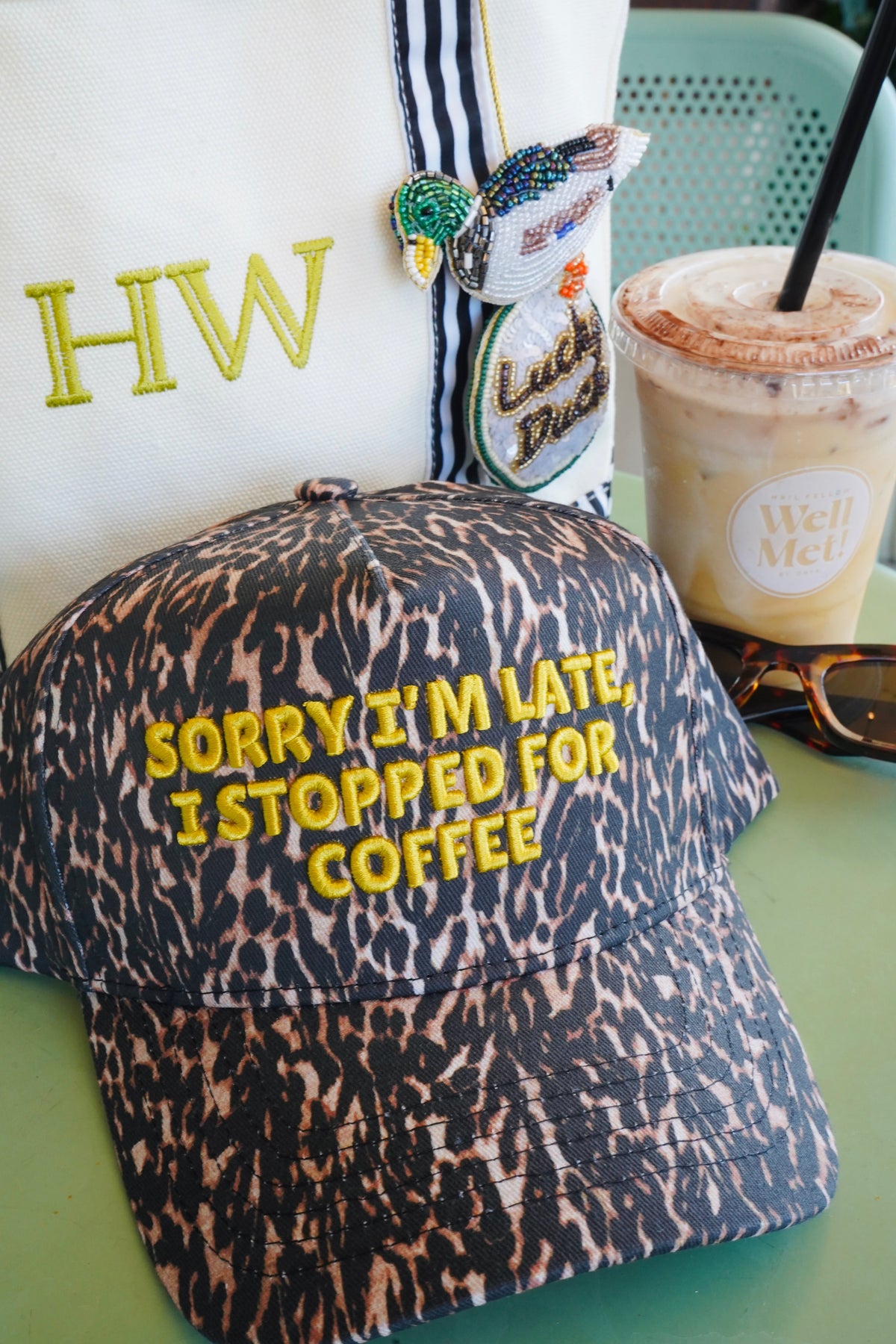 Sorry I'm Late, I Stopped for Coffee - Luxe Leopard Trucker Hat by KenzKustomz, view 40