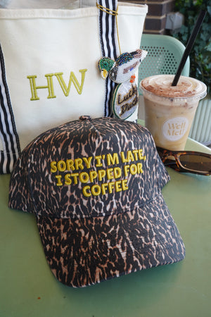 Sorry I'm Late, I Stopped for Coffee - Luxe Leopard Trucker Hat by KenzKustomz, view 8