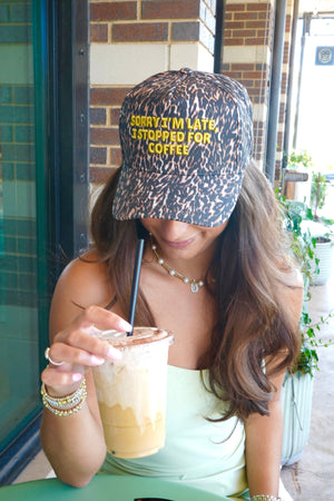 Sorry I'm Late, I Stopped for Coffee - Luxe Leopard Trucker Hat by KenzKustomz, view 20