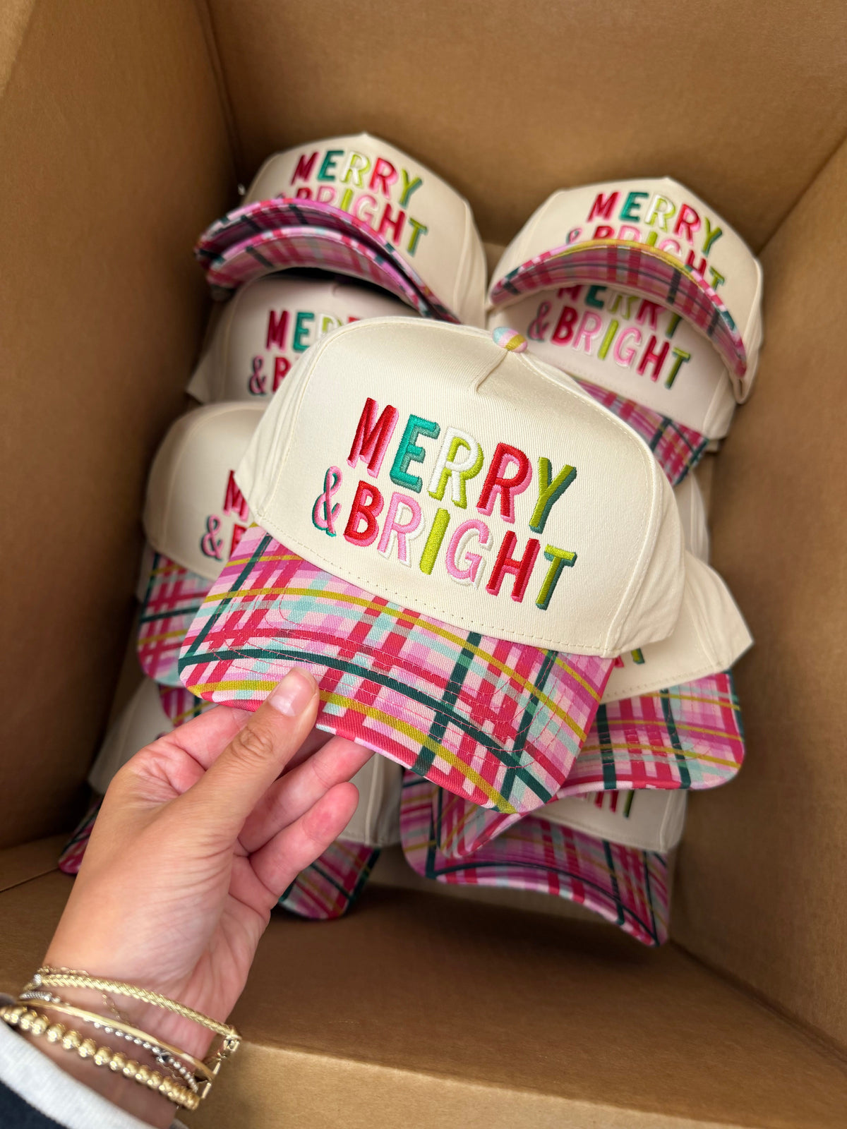 Merry & Bright - Confetti Plaid Trucker Hat by KenzKustomz, view 4