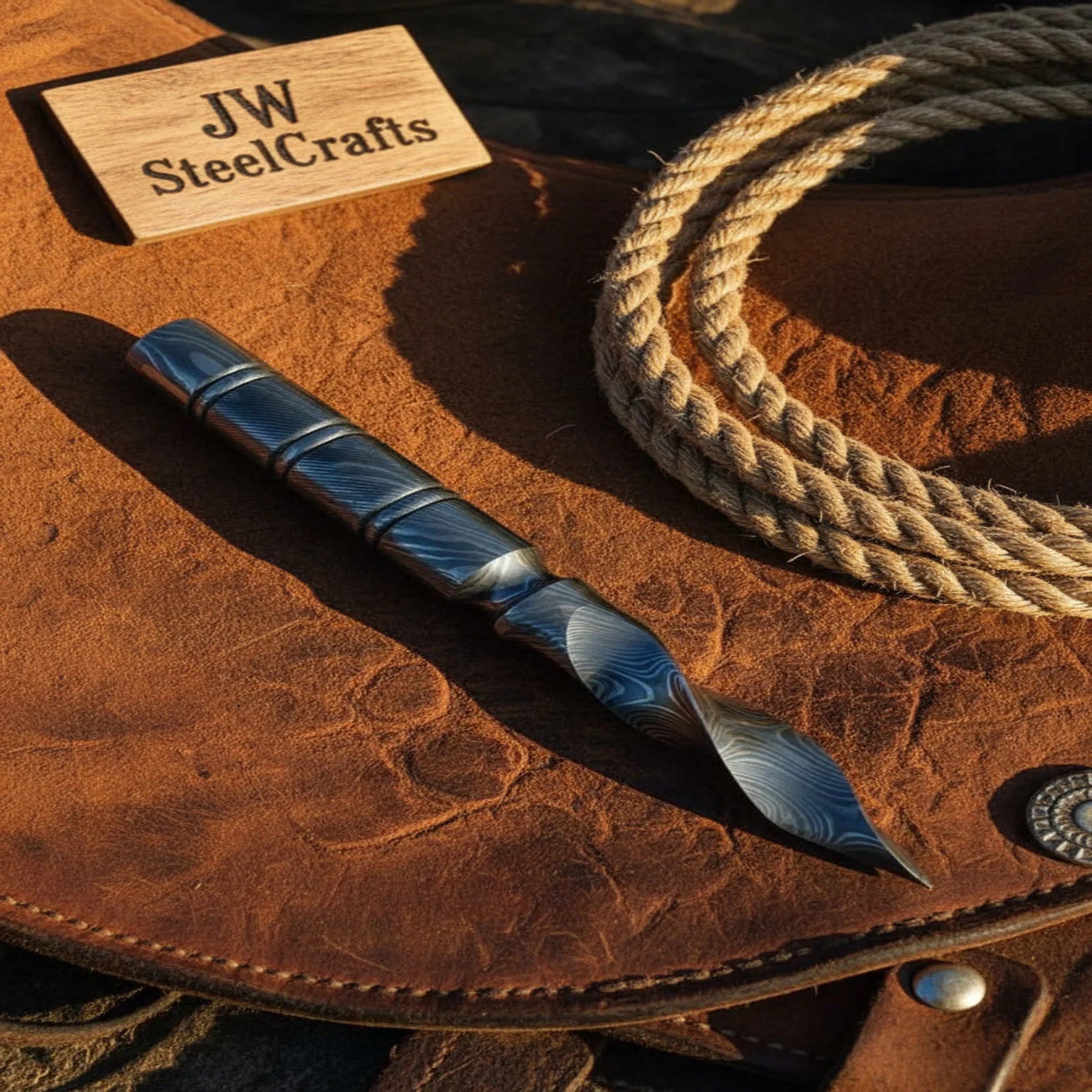 Damascus Tri-Edge Cyclone Dagger with Spiral Blue Patina Blade by JW SteelCrafts
