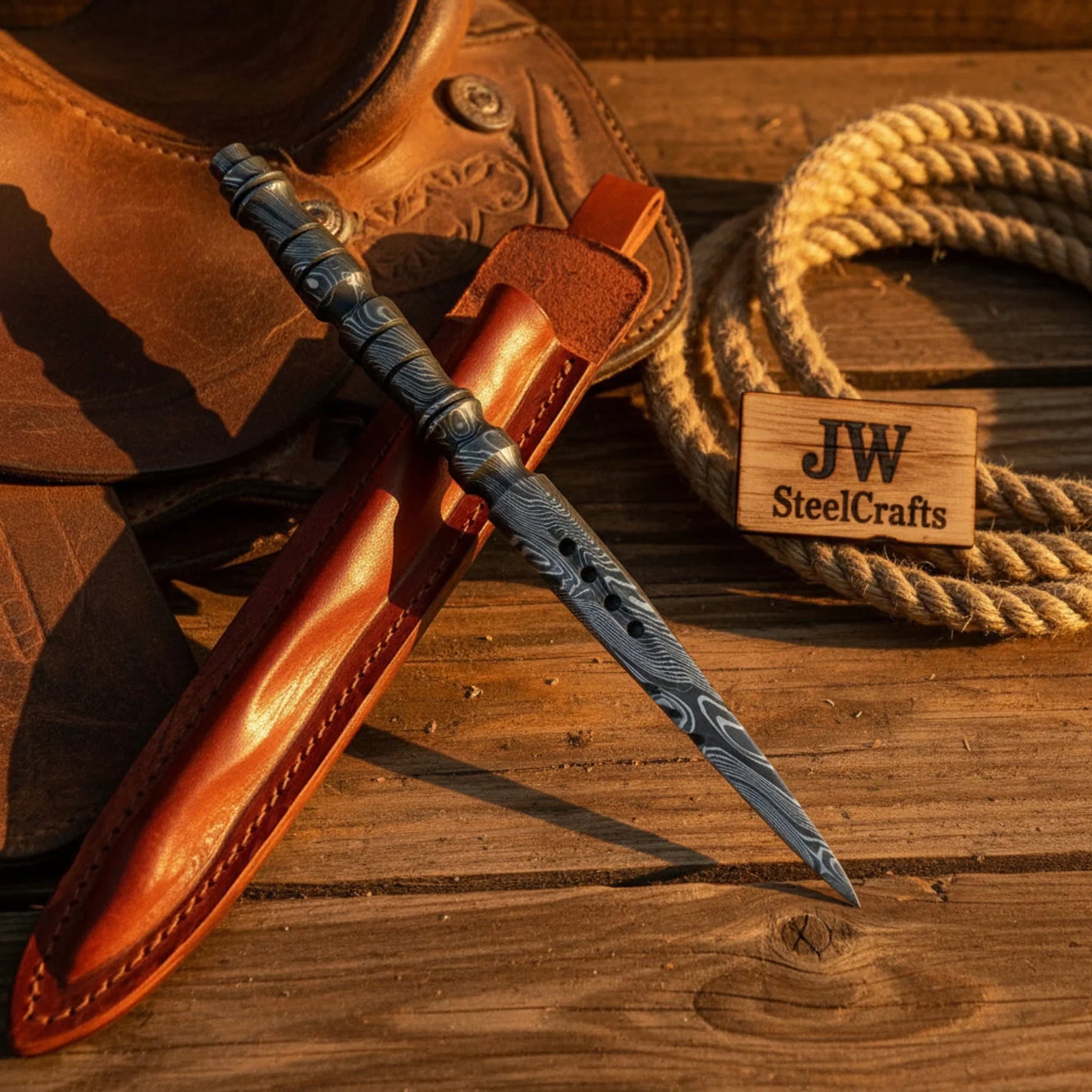 Damascus Steel Marlin Spike with Twin Rigging Holes by JW SteelCrafts