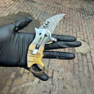 Wolf Claw Damascus Folding Karambit with Engraved Wolf Bolster by JW SteelCrafts