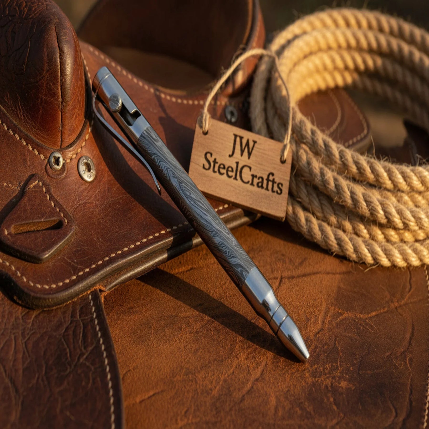 Chrome Bolt Action Damascus Pen with Dark Forged Barrel by JW SteelCrafts
