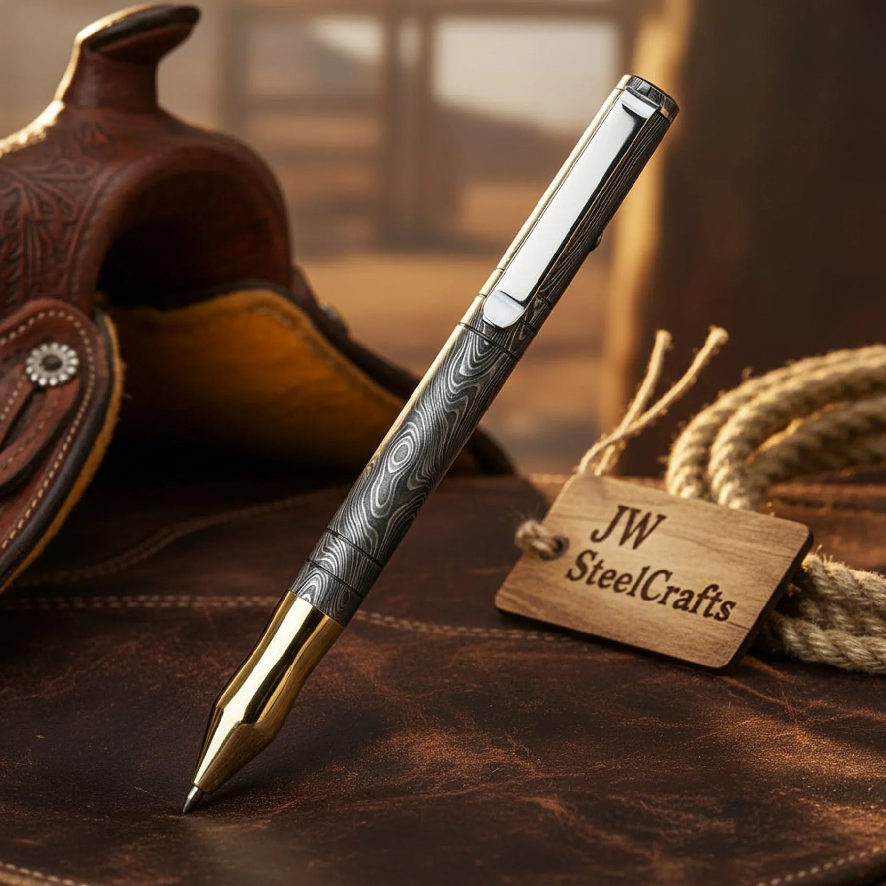 Damascus Twist Executive Pen with Wood Grain Barrel by JW SteelCrafts