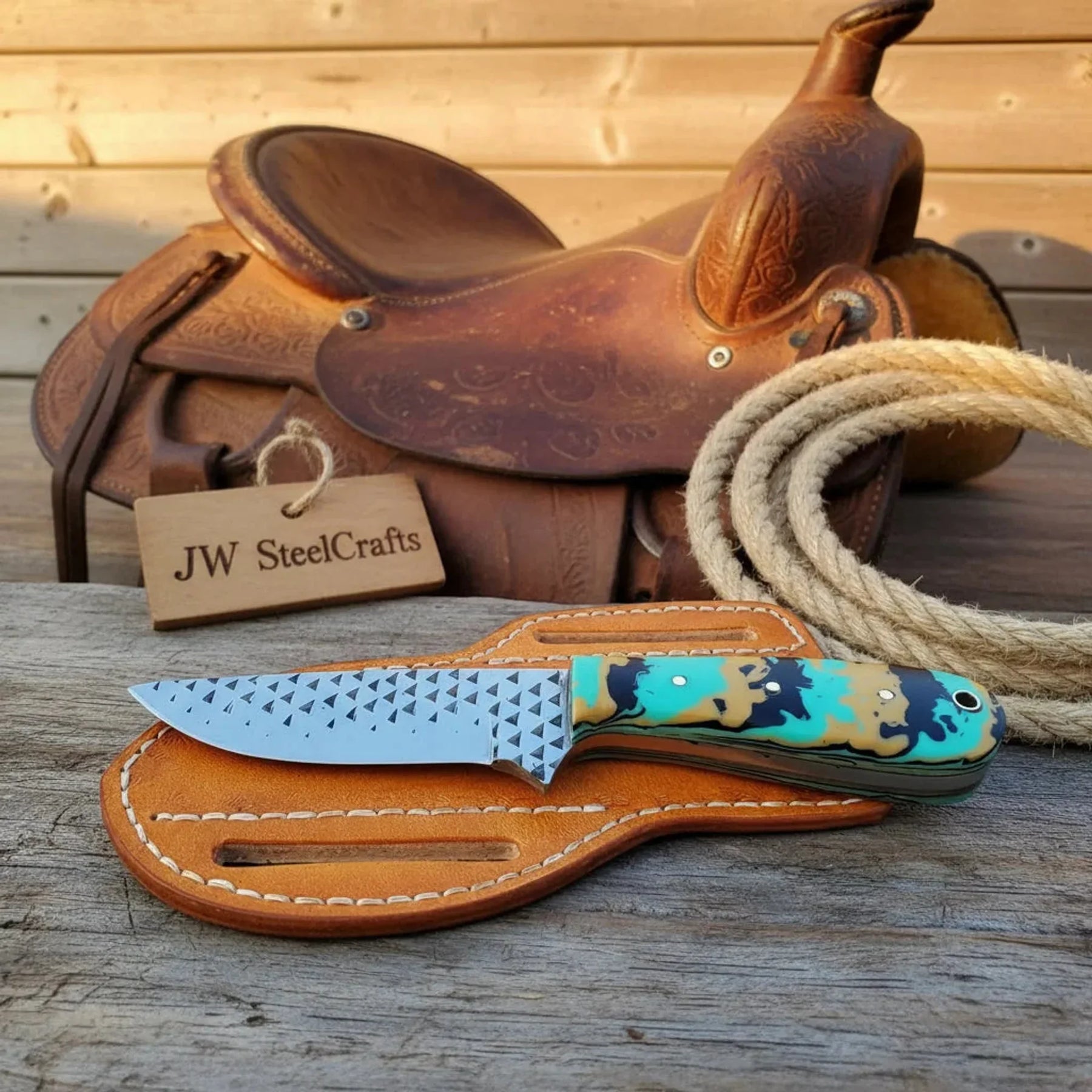 Farrier Rasp Camo Cowboy Knife 7" with Camo Resin Handle Damascus-Style Blade by JW SteelCrafts