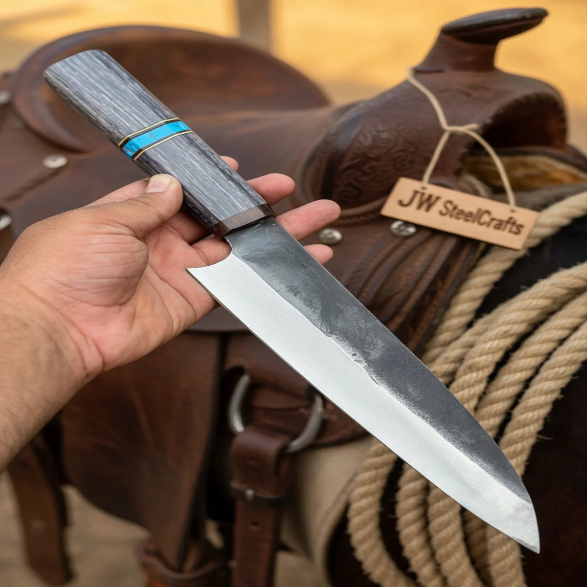 Japanese Gyuto Chef Knife 8” – Kurouchi Finish Blade with Wa Handle, Traditional Meiji Style detail view by JW SteelCrafts