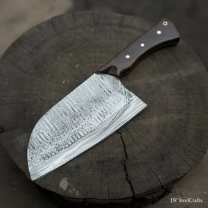 10-Inch Damascus Camp Cleaver — 5.5 Inch Blade, Tali Wood Handle, Silver Pins & Black Spacer