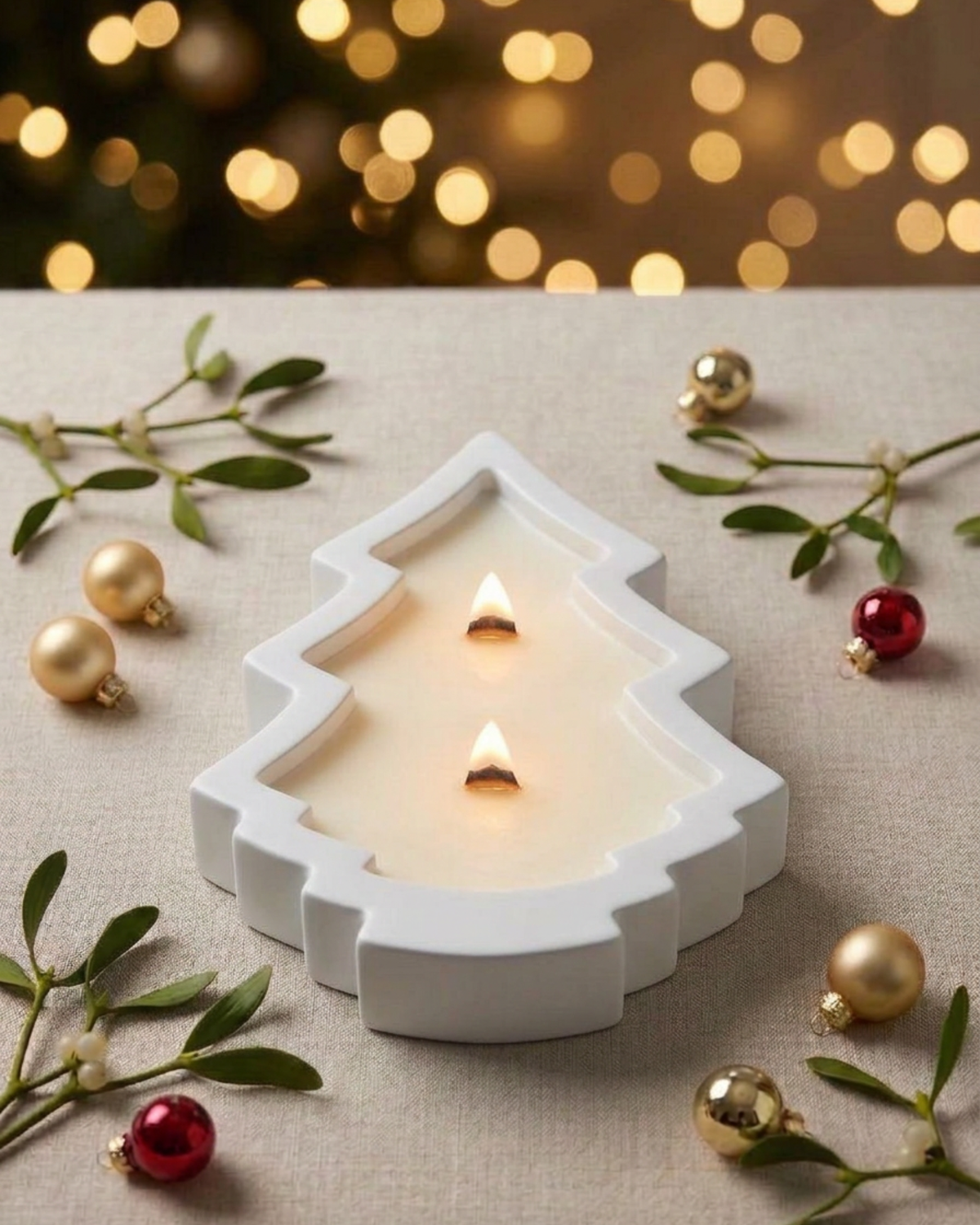 White ceramic Christmas tree candle with two wood wicks by Believe Candle