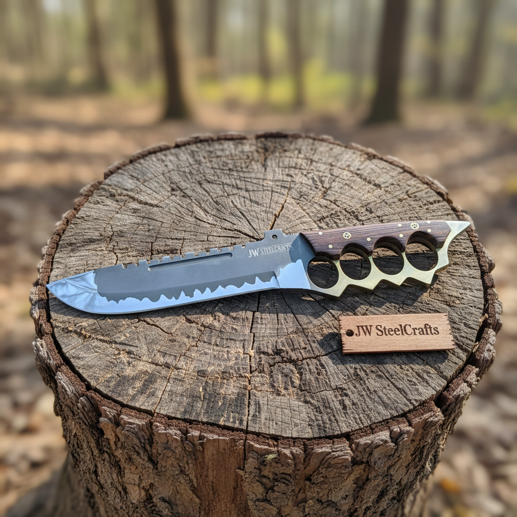 14-Inch High Carbon Steel Combat Knife — Acid Etched Tanto Blade, Knuckle Duster Guard & Wenge Wood Handle by JW SteelCrafts, Damascus knife detail photo 2
