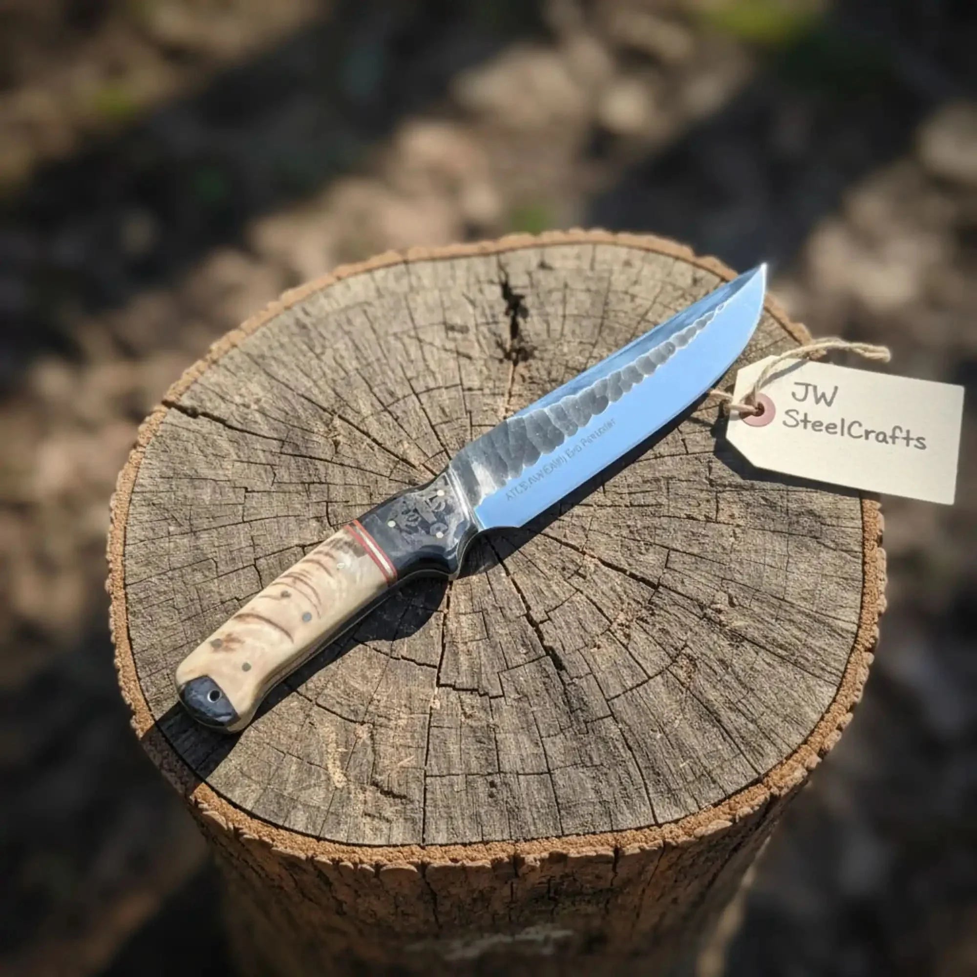 High Carbon Steel Fixed Blade Knife — Hammered Drop Point Blade, Ram Horn & Black Resin Handle by JW SteelCrafts, Damascus knife detail photo 2