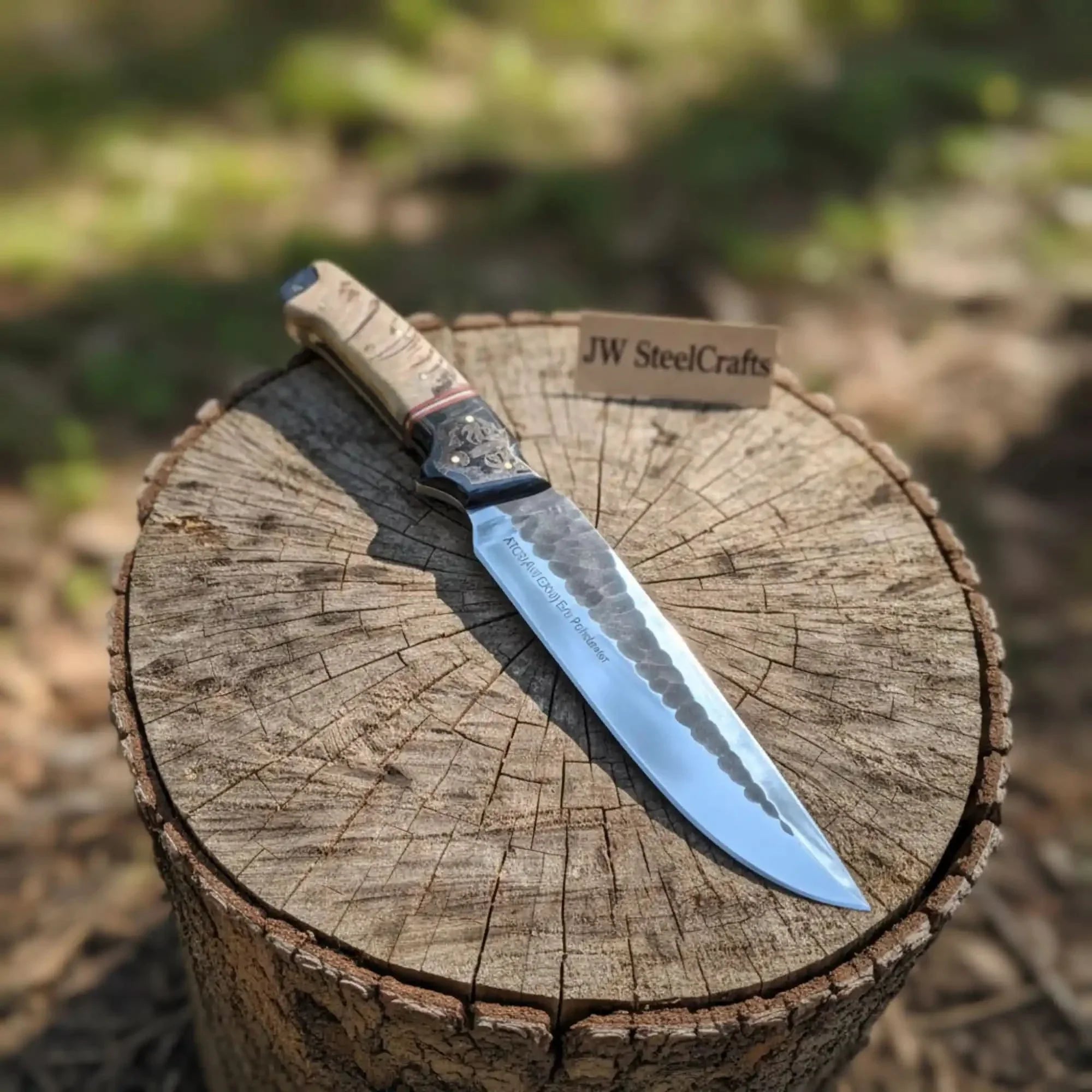 High Carbon Steel Fixed Blade Knife — Hammered Drop Point Blade, Ram Horn & Black Resin Handle by JW SteelCrafts, Damascus knife main product photo