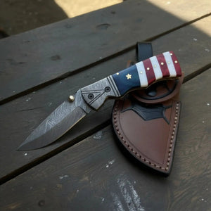Damascus Folding Pocket Knife — American Flag Handle, Damascus Bolster, Linear Lock & Hand Engraved Leather Sheath