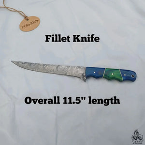 11.5 Inch Damascus Steel Fillet Knife with Two-Tone Colored Wood Handle | JW SteelCrafts