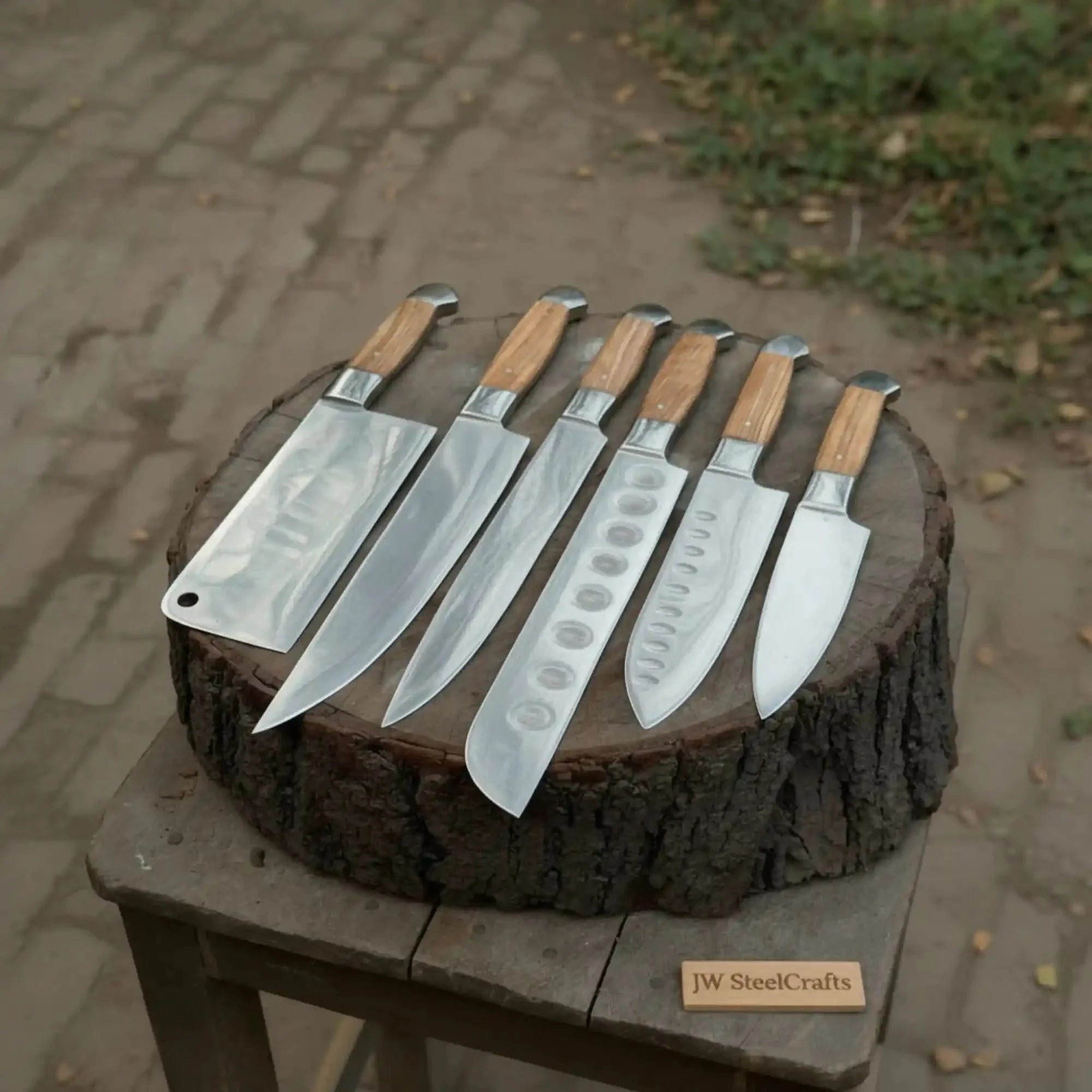 7-Piece Stainless Steel Kitchen Knife Set — Olive Wood Handles, Steel Bolsters and Leather Kit by JW SteelCrafts, Damascus knife detail photo 2