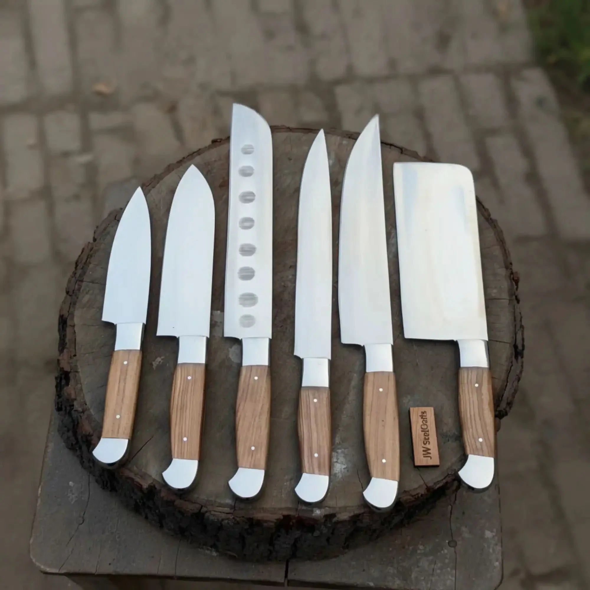 7-Piece Stainless Steel Kitchen Knife Set — Olive Wood Handles, Steel Bolsters and Leather Kit by JW SteelCrafts, Damascus knife main product photo