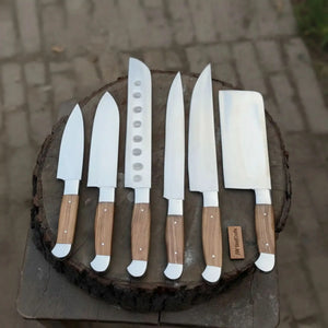 7-Piece Stainless Steel Kitchen Knife Set — Olive Wood Handles, Steel Bolsters and Leather Kit