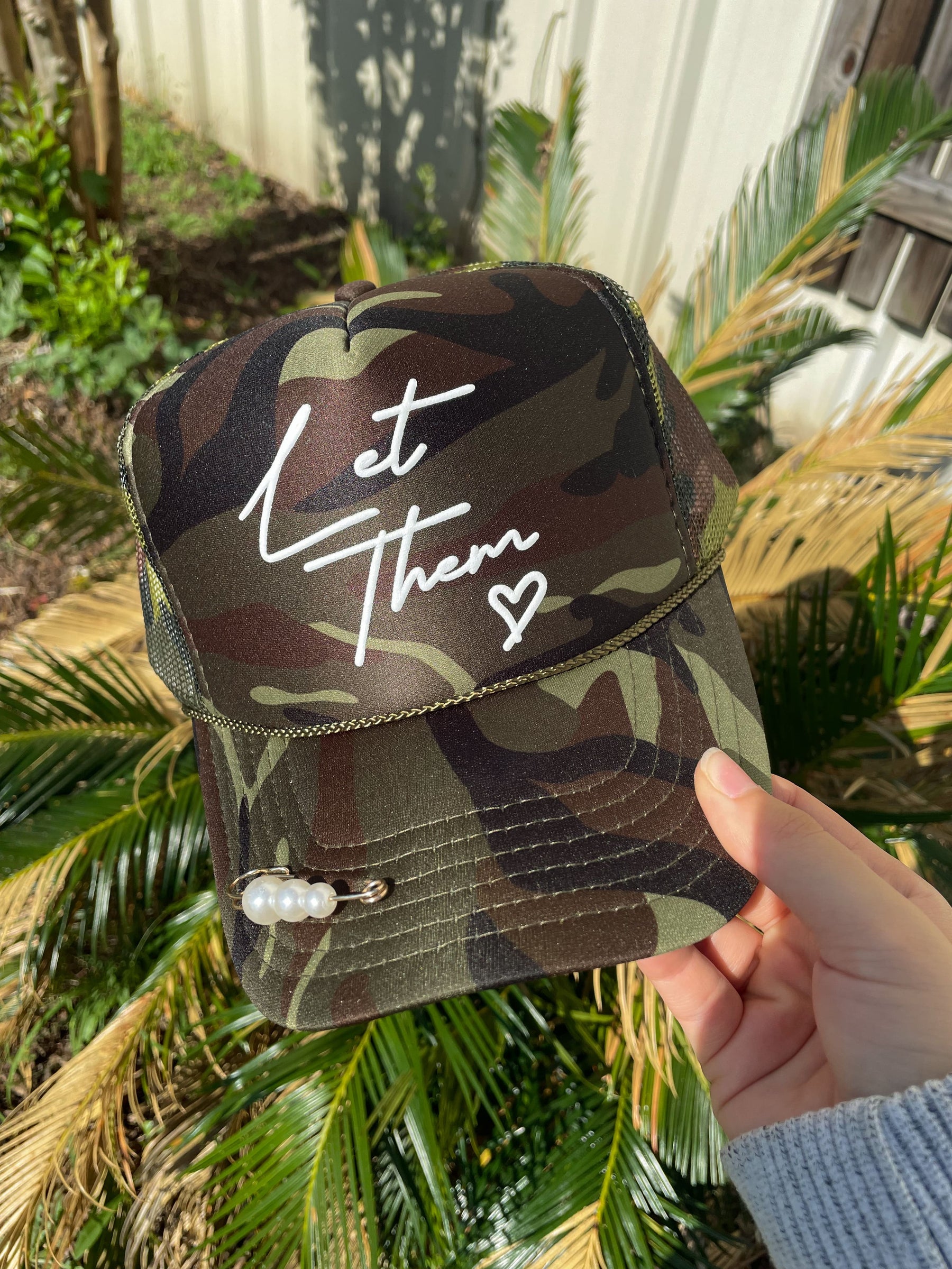 Let Them Full Camo Trucker by Southern Bliss Company, custom hat detail photo 3