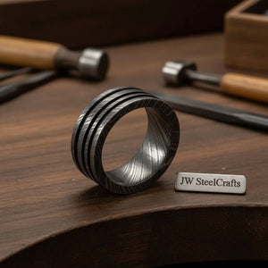 Damascus Triple Groove Ring with Three Cut Grooves by JW SteelCrafts