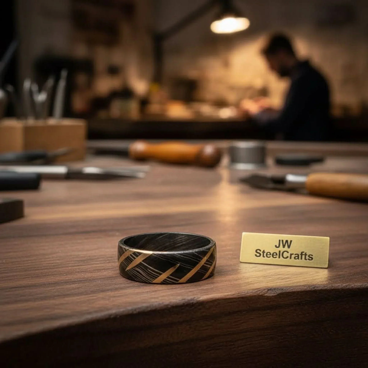 Black Damascus Gold Stripe Ring with Diagonal Multi-Stripe Inlay by JW SteelCrafts