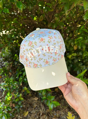 Mother Floral Coral/ Light Blue Trucker Hat by Southern Bliss Company, Southern lifestyle apparel detail photo 2