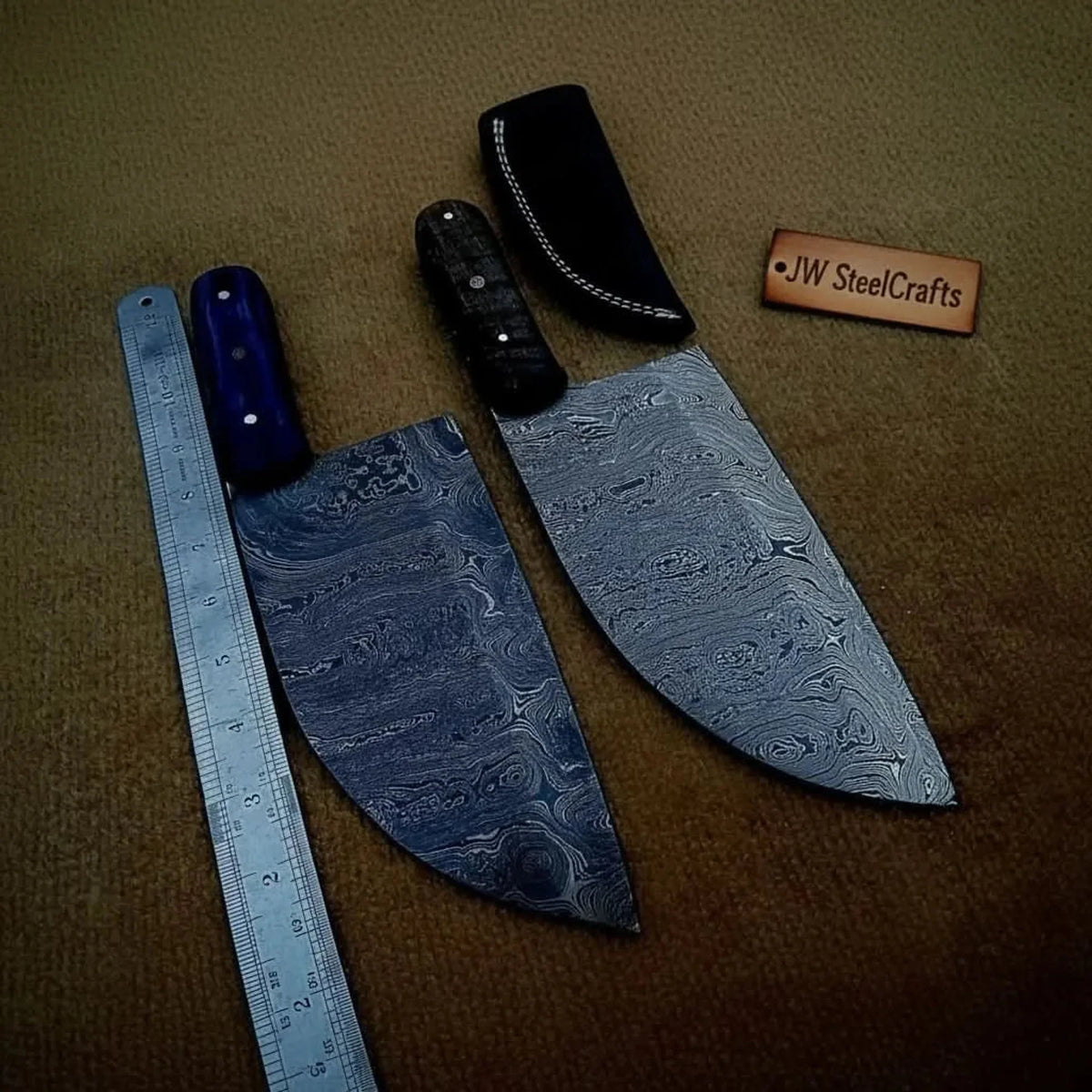 Pair of Chinese Vegetable Cleavers — Damascus Steel, Stabilized Wood (SMT) Full-Tang Handles lol by JW SteelCrafts