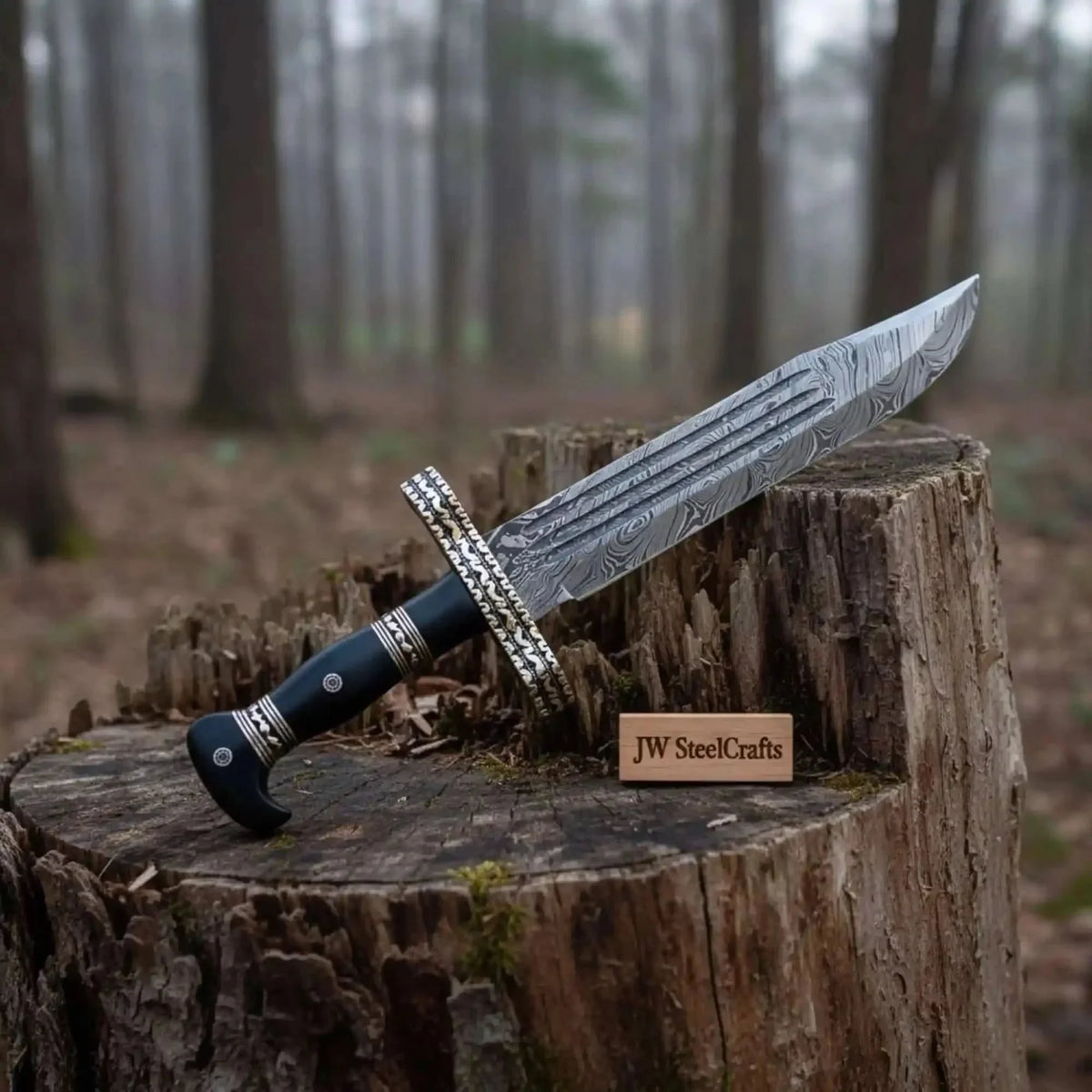 Handmade Coffin Handle Bowie Knife Hand-Engraved Damascus Steel by JW SteelCrafts